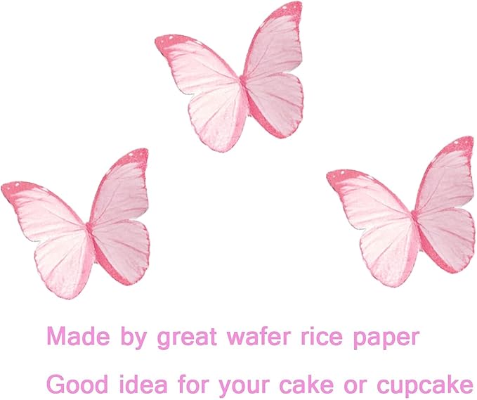 48Pcs Edible Butterflies for Cake Decorations Pink Wafer Paper Butterfly Cupcake Toppers Wafer Glutinous Paper Butterflies for Wedding Baby Shower Kids Birthday Party Cupcakes Decorating (Pink)