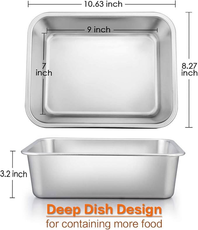 Lasagna Pan Set of 2, E-far Rectangular Deep Cake Baking Pans, Small Roaster Baking Dish Stainless Steel, 10.6x8.3x3.2 Inches, Non-Toxic & Heavy Duty, Dishwasher Safe