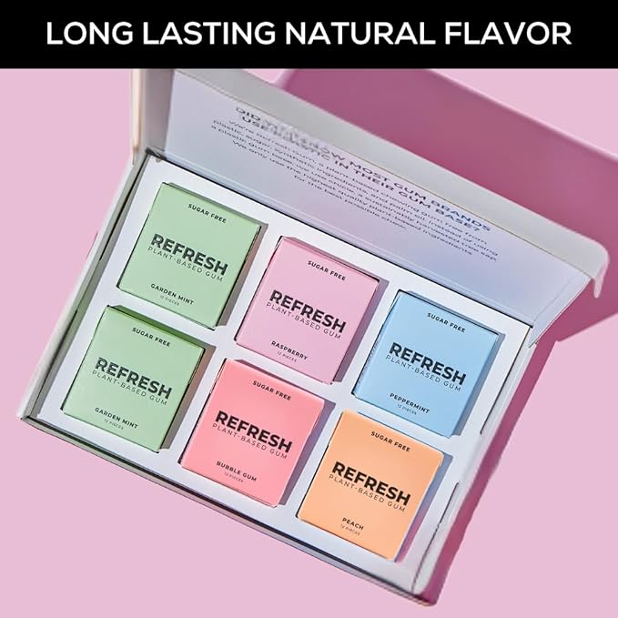 Refresh Gum, Xylitol, Natural, Sugar Free, Long Lasting, Plastic Free, Organic Ingredients, Non GMO, Peppermint, Garden Mint, Bubble Gum, Peach & Raspberry Variety Pack, 12 Pcs, 6 Pack