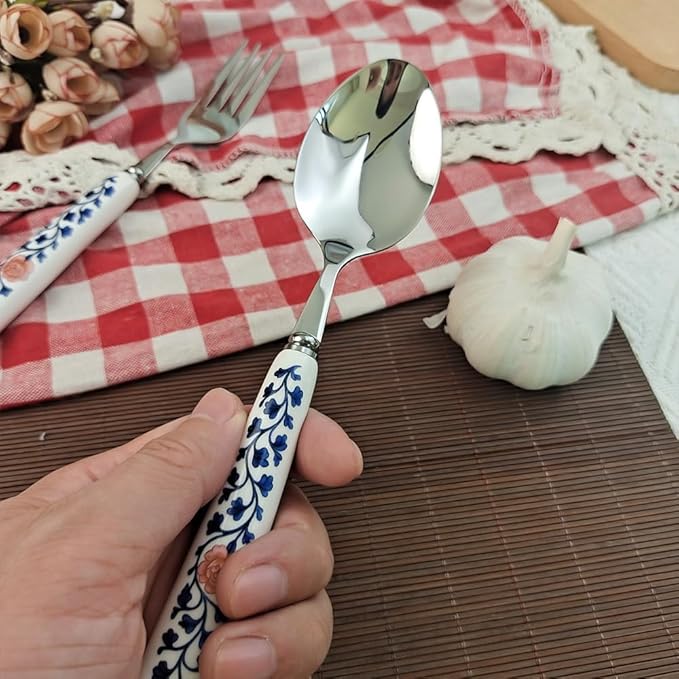 20cm 8inch Dinner Spoon 18-10 Stainless Steel Mirror Smooth Polished Ceramic Handle,Peony Pastoral Whisper Style Table Spoons, SUS304 Soup Spoon (2 PCS Spoons-Peony)