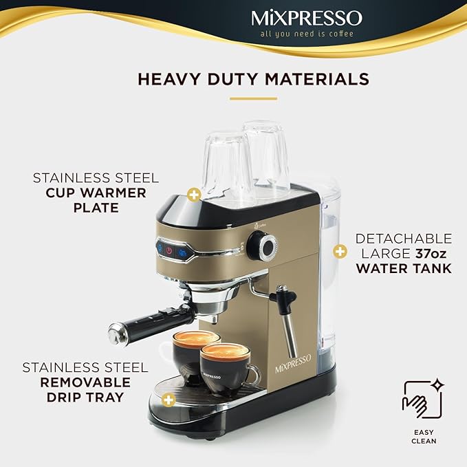 Mixpresso Professional Espresso Machine for Home 15 Bar with Milk Frother Steam Wand, Espresso Maker with Double-Cup Splitter 1450w Fast Heating, Cappuccino and Latte machine 37Oz Water Tank