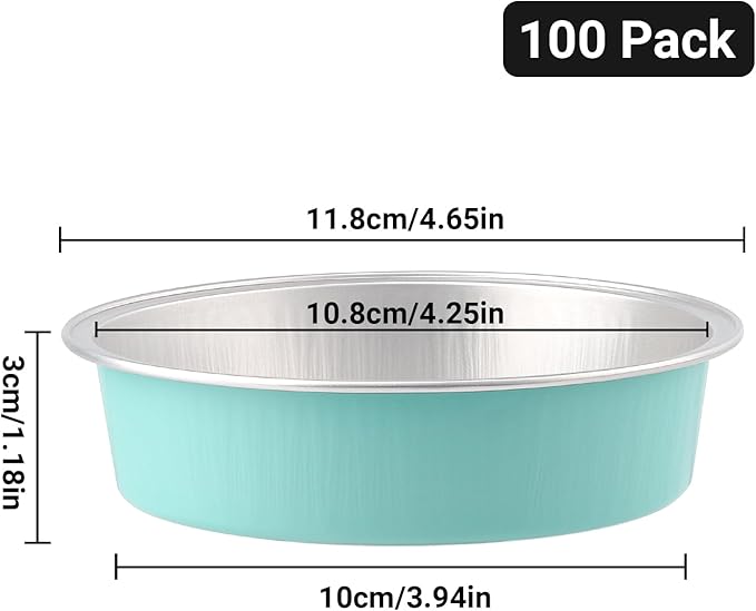 Beasea 4 Inch Aluminum Ramekins, 100 Pack 7.3oz 215ml Mini Disposable Baking Foil Cups No Lids Ramekin Cup Cupcake Aluminum Baking Cups for Party - Lake Blue