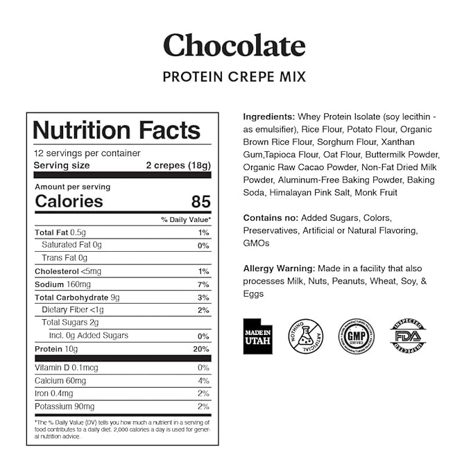 ProDough High Protein- Gluten Free French Crepe Mix, Low Carb, 8g of Protein per Serving, No Added Sugars, Keto Friendly, Makes 24 Crepes (Chocolate)
