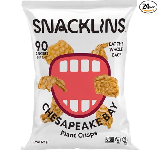 SNACKLINS Plant Based Crisps CHESAPEAKE BAY - Gluten Free, Grain Free, 100% Kosher, Vegan Healthy Snacks, Crunchy Puffed Snack, Only 100 Calories Per Bag - .9oz Bag (Case of 24)