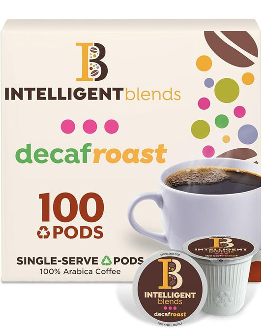 Intelligent Blends Decaf Dark Roast Coffee Pods, 100 ct, Recyclable Single Serve Pods – 100% Arabica Coffee, Compatible with Keurig K Cups Maker