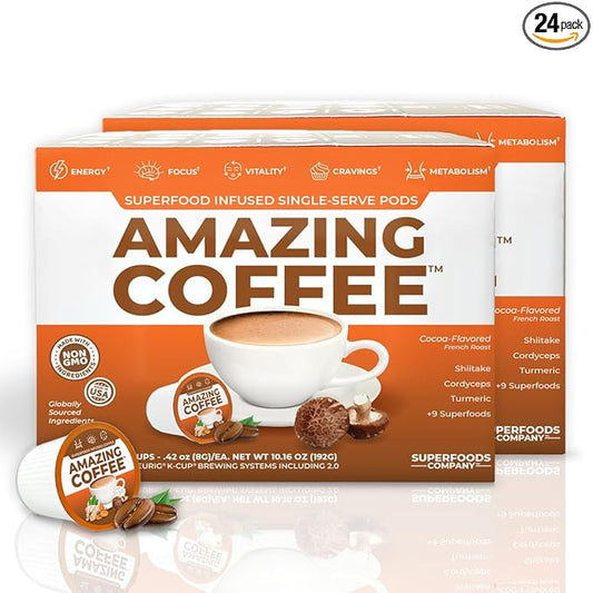 Superfoods Company Amazing Coffee- 12 Natural Superfoods - French Roast - Weight Loss & Brain Boost - Gluten Free, Non-GMO, Sugar Free, Vegan & Keto Friendly [48 Pods] [Cocoa]