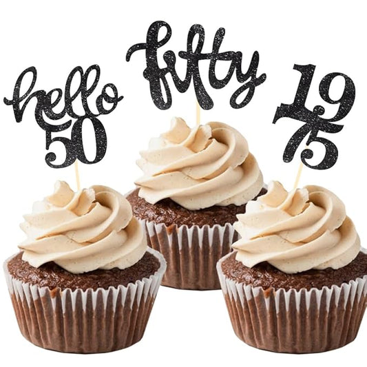 24 Pcs Black Glitter 50th Birthday Cupcake Toppers for 50th Birthday Celebrating Party Decorations