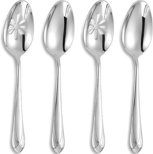 KEAWELL Premium Astra 4-Piece 9 inch Spoon Set ??Mirror-Finished 18/10 Stainless Steel with Diamond-Faceted Handles Dishwasher Safe for Modern Dining (4, Serving Spoons and Slotted Spoons)
