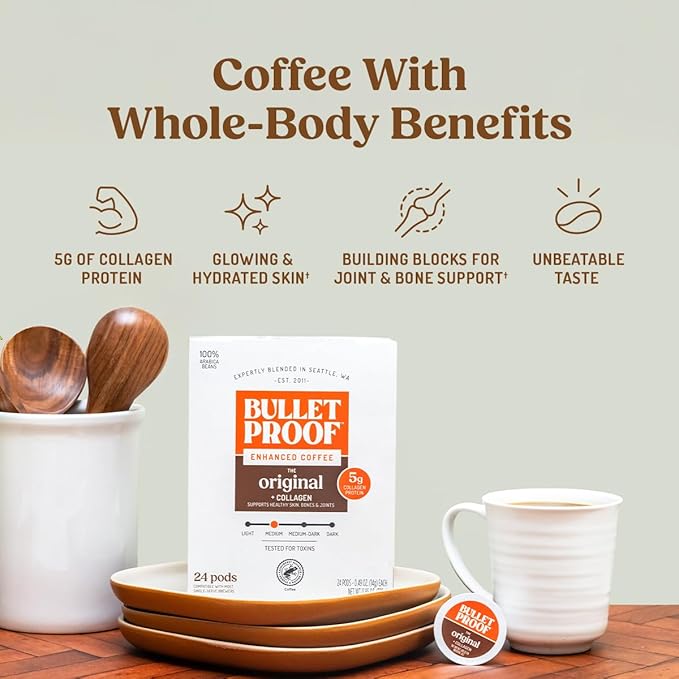 Bulletproof Coffee + Collagen Single-Serve Coffee Pods, 24 Count, Clean Coffee Tested for Toxins, Packaging May Vary