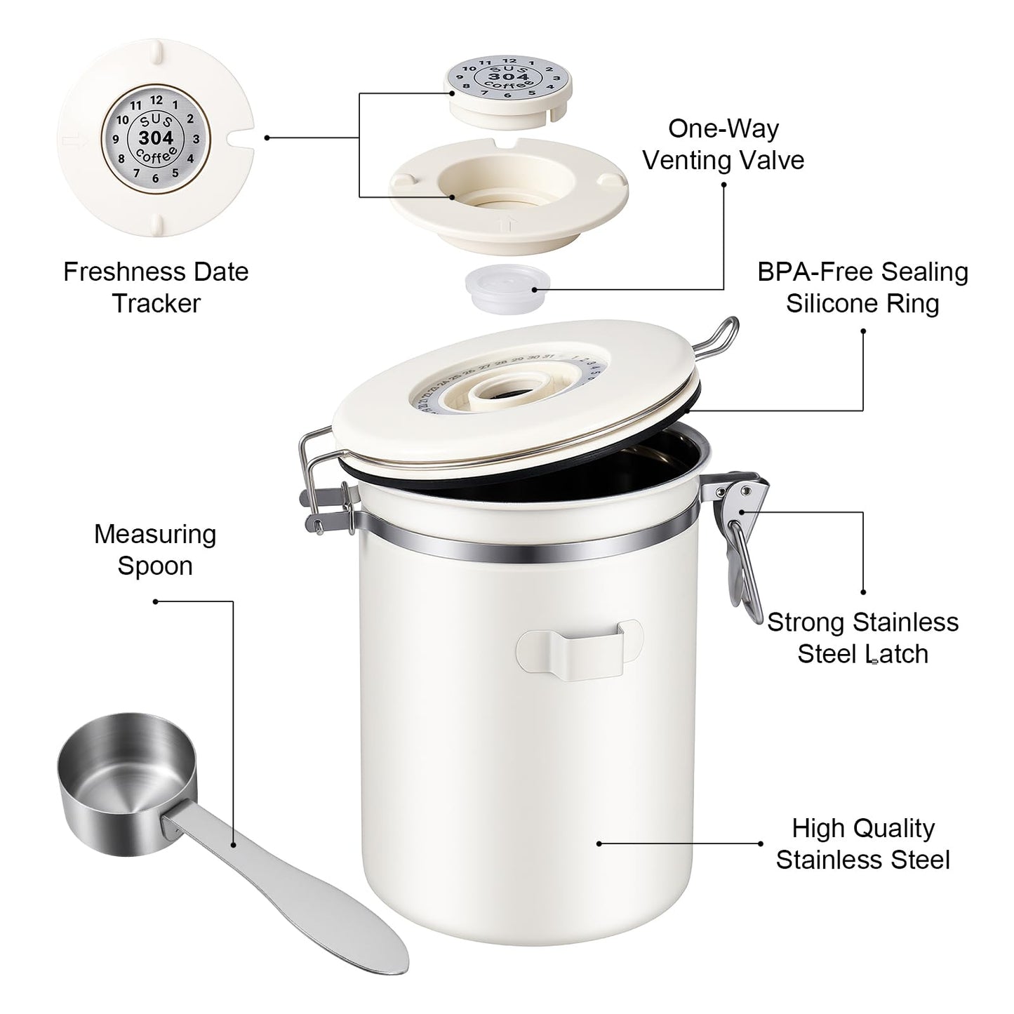 Kirecoo 22OZ Airtight Stainless Steel Coffee Canister with Date Tracker