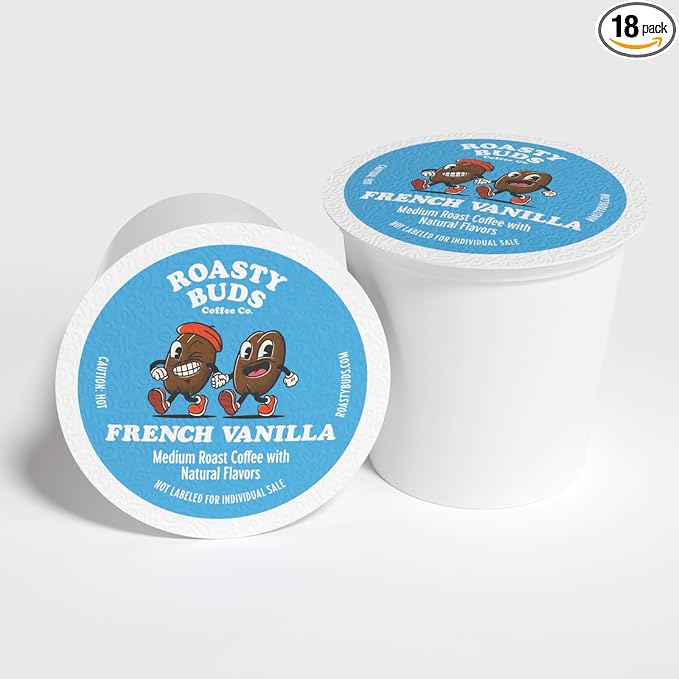 Roasty Buds Coffee French Vanilla Pods 18 Count | Single-Serve 11g Per Pod | Recyclable, Gluten-Free, Non-GMO, No Sugar/Dairy/Soy/Egg (18 Count, French Vanilla)