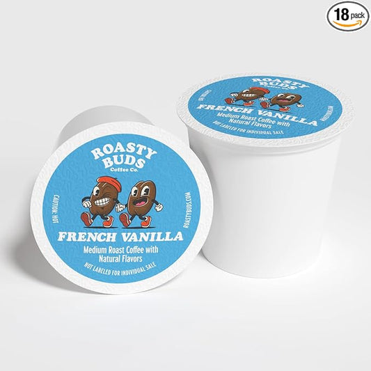 Roasty Buds Coffee French Vanilla Pods 18 Count | Single-Serve 11g Per Pod | Recyclable, Gluten-Free, Non-GMO, No Sugar/Dairy/Soy/Egg (18 Count, French Vanilla)