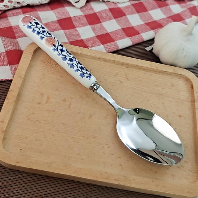 20cm 8inch Dinner Spoon 18-10 Stainless Steel Mirror Smooth Polished Ceramic Handle,Peony Pastoral Whisper Style Table Spoons, SUS304 Soup Spoon (2 PCS Spoons-Peony)