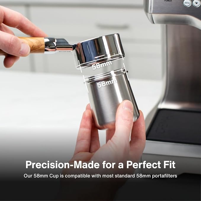 Crema Coffee Products 58mm Dosing Cup | Compatible with Breville Portafilters etc | Durable 100% Stainless Steel | Built-In Grinder Tab for Easy Transfer | Sleek, Mess-Free Design | Black Finish