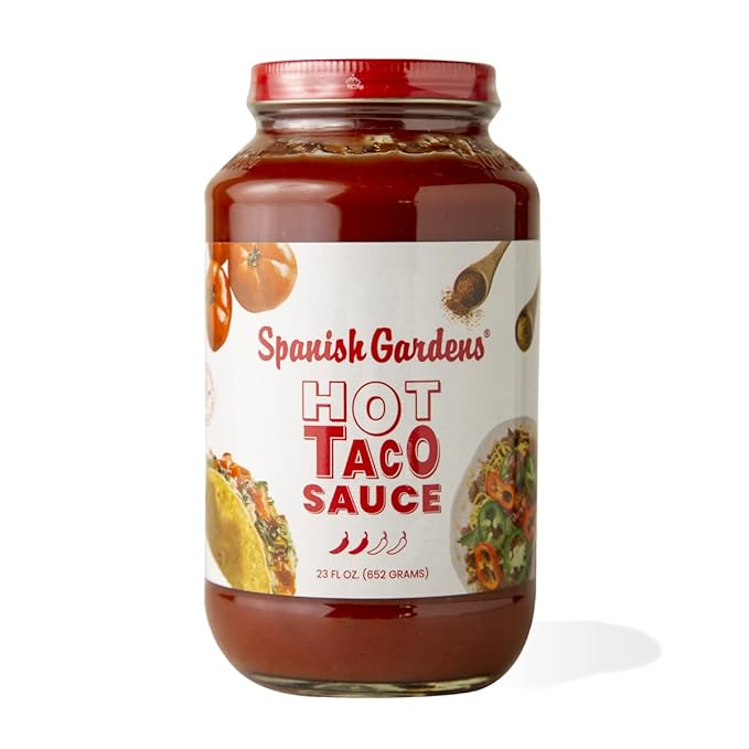 Spanish Gardens Taco Sauce (6 Pack) ??Hot Taco Sauce for Authentic Mexican Food ??Original Family Recipe, Spicy Sauce for Tex Mex Food (23 oz)