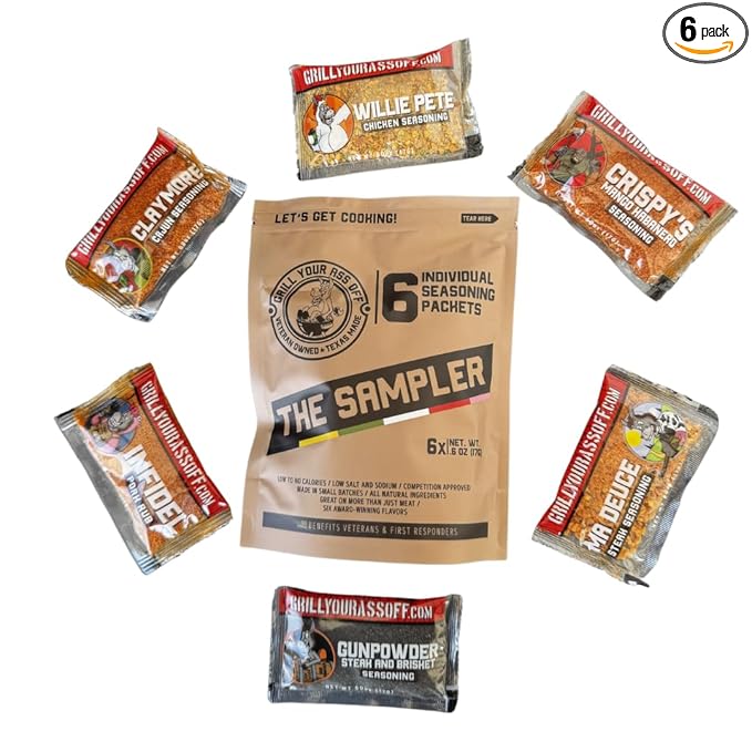Grill Your As* Off Sample Pack Spices and Seasonings - (6 Pack) BBQ & Grill Seasoning for Beef, Steak, Burgers, Pork & Chicken - MSG & Gluten Free BBQ Rub & Steak Seasoning - USA Made & Veteran Owned