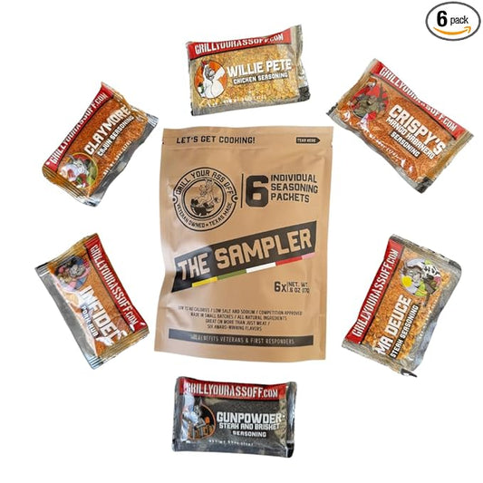 Grill Your As* Off Sample Pack Spices and Seasonings - (6 Pack) BBQ & Grill Seasoning for Beef, Steak, Burgers, Pork & Chicken - MSG & Gluten Free BBQ Rub & Steak Seasoning - USA Made & Veteran Owned