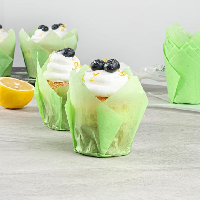 Restaurantware Panificio Premium 4 oz Green Paper Tulip Baking Cup: Paper Baking Cups Perfect for Muffins Cupcakes or Mini Snacks - Greaseproof - Disposable and Recyclable - 200ct Box