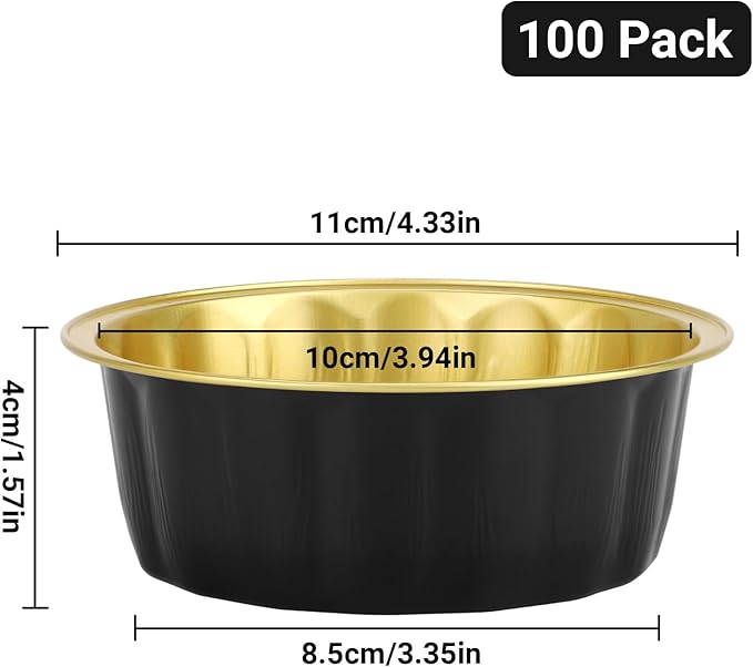 Beasea Disposable Baking Ramekins, 8 oz 100 Pack 3.9" 235ml Aluminum Foil Cups Bake Utility Ramekin Cup Souffle Cup Muffin Cupcake Baking Cup Mini Pudding Cups for Party Wedding Birthday - Black Gold