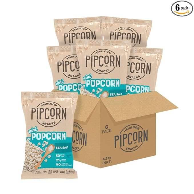Heirloom Sea Salt Mini Popcorn by Pipcorn - 4.5oz 6pk - Healthy Snacks, Gluten Free Snacks, Heirloom Corn, Salty Snacks
