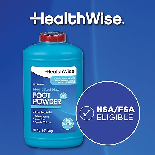 HealthWise Medicated Maximum Strength Foot Powder | 1% Menthol | Talc Free | Anti-itch Healing Relief | Cools Skin | Absorbs Moisture | 10 oz (283g)