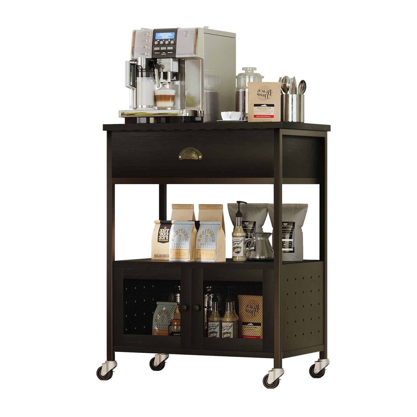 Catrimown Coffee Bar Cart Cabinet,3 Tier Coffee Station Table on Wheels,Coffee Cart with Storage