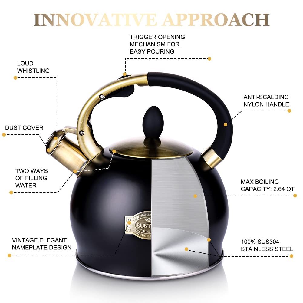 SUSTEAS Whistling Tea Kettle, 2.7QT Food-Grade Steel Teapot, BLACK