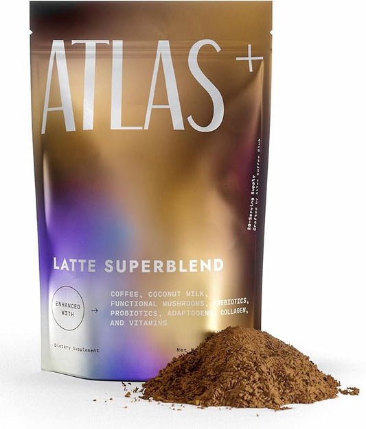 Atlas+ Latte Superblend??Instant Mushroom Coffee with Lion?™s Mane, Reishi, Cordyceps, Ashwagandha, Probiotics, Vitamin D3 & B12, Coconut??for Energy, Focus, Immunity & Gut Health??20 Servings (1 Bag)