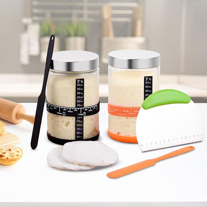2 40oz Large Sourdough Starter Jar Glass Kit Wide Mouth with Silicone Spatula, Aluminum Lid, Cloth Cover, Date Marked Band, Thermometer, Stainless Steel Dough Scraper