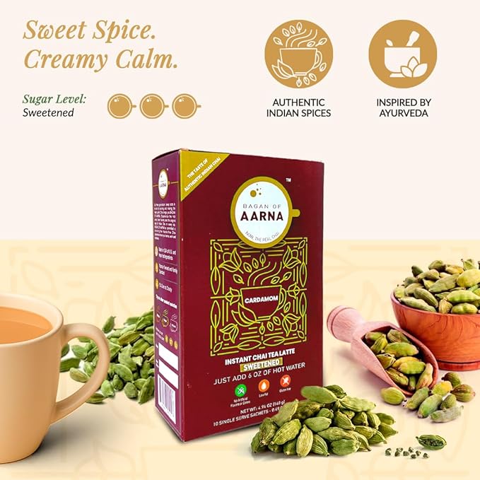 Bagan of Aarna Instant Cardamom Chai, All Natural Spiced Tea Mix, Authentic Chai Powder with Natural Flavour, Makes 10 Cups (Sweetened)