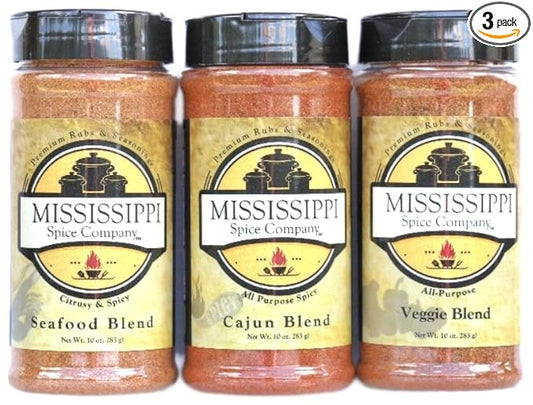 Mississippi Spice Company Premium Rubs & Seasonings, Seafood, Cajun and Veggie Blends, Skins and Fins Bundle, 10 oz (3- Bottles, (Seafood/Cajun/Veggie))