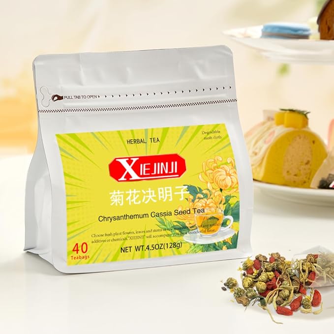 XIEJINJI Chrysanthemum Cassia Seed Tea Bags, 40 Count, Burdock Root, Goji Berry, Honeysuckle, Osmanthus Combination Herbal Tea, Eco-Conscious Packaging