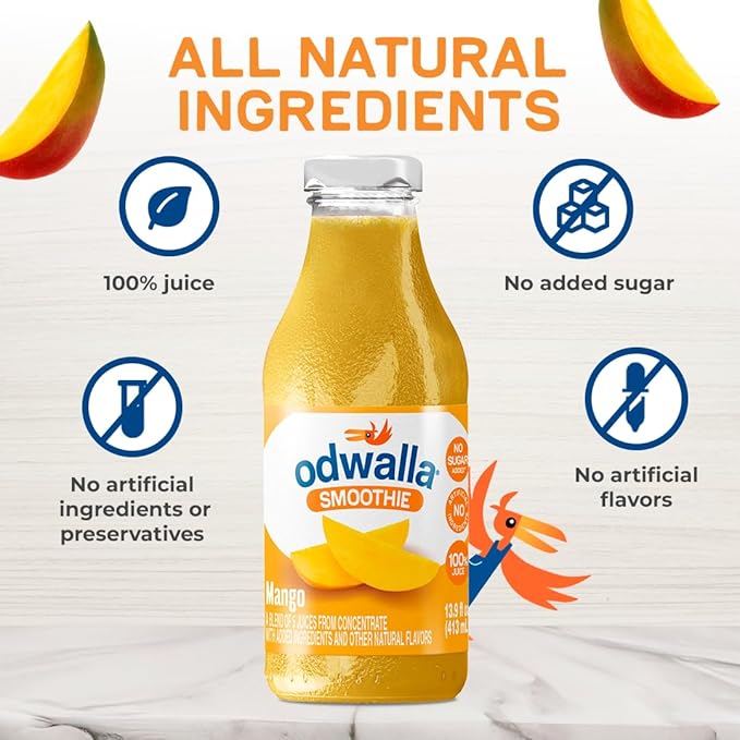 Odwalla Mango Smoothie - Fruit Smoothie Mix Ready to Drink - Juice Blend, No Added Sugar, No Preservatives, Kosher - 13.9 oz Glass Bottles (12 Pack)