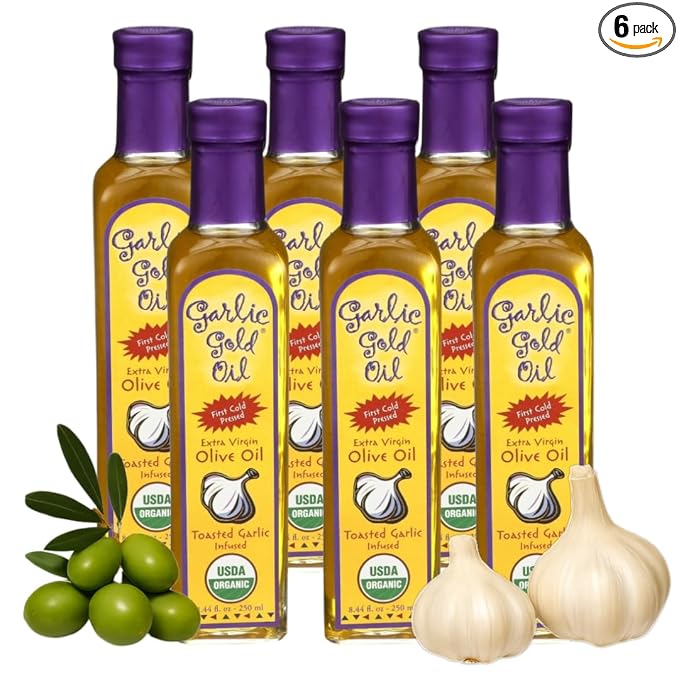 Garlic Gold Extra Virgin Olive Oil Infused with Garlic, Premium Certified USDA Organic, Low FODMAP, Cold Pressed (250 mL, 6 Pack)