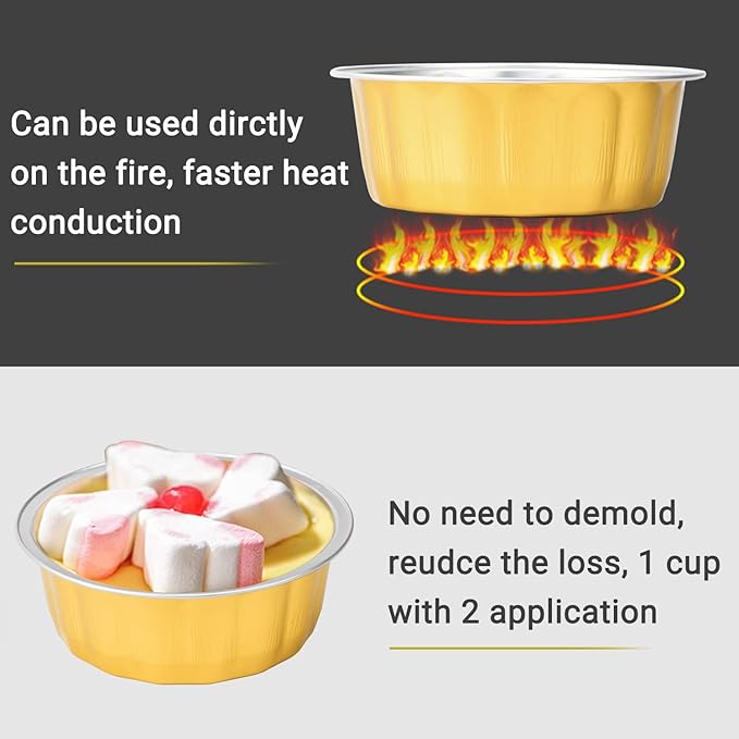 Beasea Disposable Ramekins with Lids, 8oz 100 Pack Golden Aluminum Foil Cups Disposable Creme Brulee Muffin Cupcake Baking Cup Mini Pudding Cups for Party Wedding Birthday