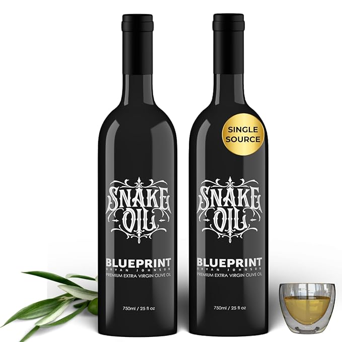 Blueprint by Bryan Johnson Olive Oil ??Snake Oil- High Polyphenol Extra Virgin Olive Oil (400+ mg/kg) ??Cold Pressed, Early Harvest, First Cold Press EVOO ??Keto, Paleo, Non-GMO ??2 Pack - 750ml Glass Bottle