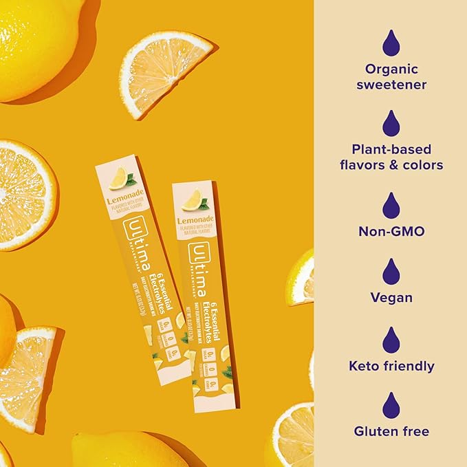 Ultima Replenisher Daily Electrolyte Powder Drink Mix ??Sugar Free ??Lemonade, 20 Stickpacks ??Hydration Packets with 6 Key Electrolytes and Trace Minerals ??Keto Friendly, Vegan, Non-GMO