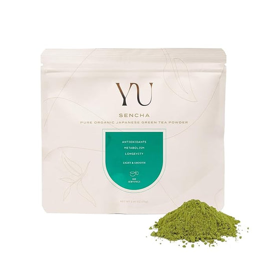 Yu Tea Organic Sencha Green Tea Powder | Rich in Antioxidants, EGCG, & L-Theanine | Pure Japanese First Harvest Leaf | Low Caffeine & Unsweetened | Resealable Pouch, 2.65 oz, 100 Servings