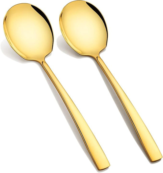 Extra Large Serving Spoons Set 11.7 Inch Gold Serving Utensils 18/8 Stainless Steel Big Metal Spoons for Buffet, Parties, Catering, Banquet - Dishwasher Safe (2-Piece, Gold)