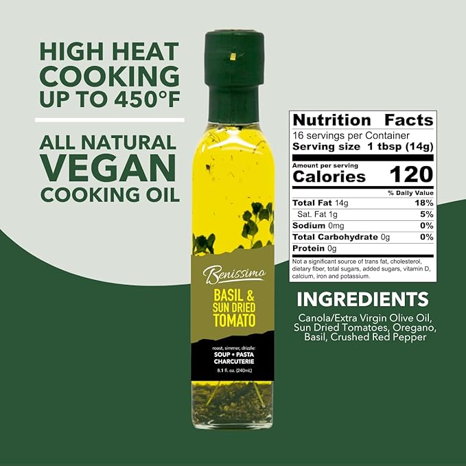 Benissimo Basil and Sun Dried Tomato Herb Infused Oil, All Natural Gourmet Cooking Oil with Garden-Fresh Herbs, Ideal for Dipping, Sautéing, Drizzling, 8.1 fl oz