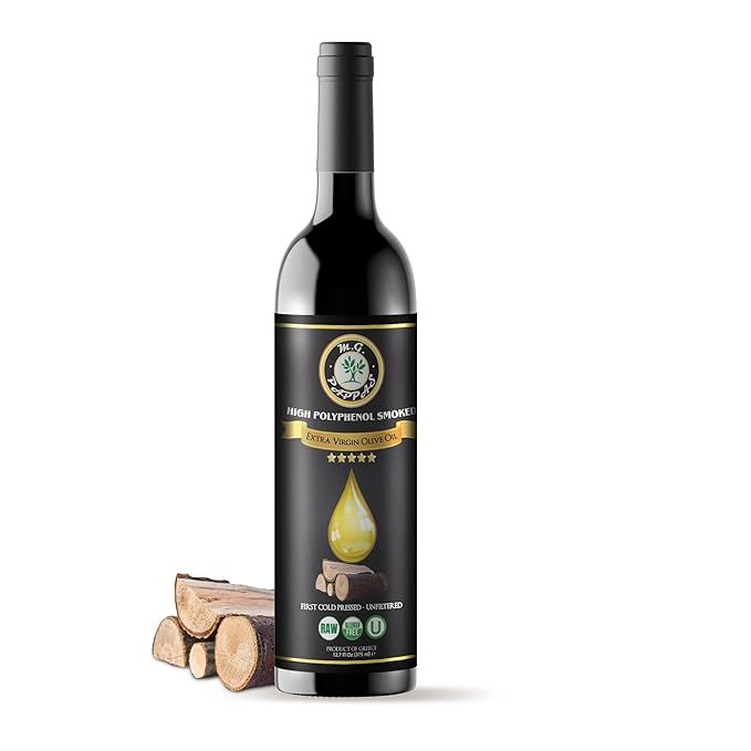 M.G. PAPPAS High Polyphenol Rich Smoked Infused Olive Oil Extra Virgin - Over 500mg/kg- Unfiltered First Cold Pressed Greek EVOO - Award Winning ??12.7 Oz 375ml