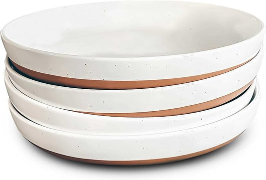 Mora Ceramic Flat Pasta Bowl Set of 4-35oz, Microwave Safe Plate with High Edge - Modern Porcelain Dinnerware for Kitchen and Eating, Large Wide Bowls/Plates for Serving Dinner, Salad, etc- Vanilla