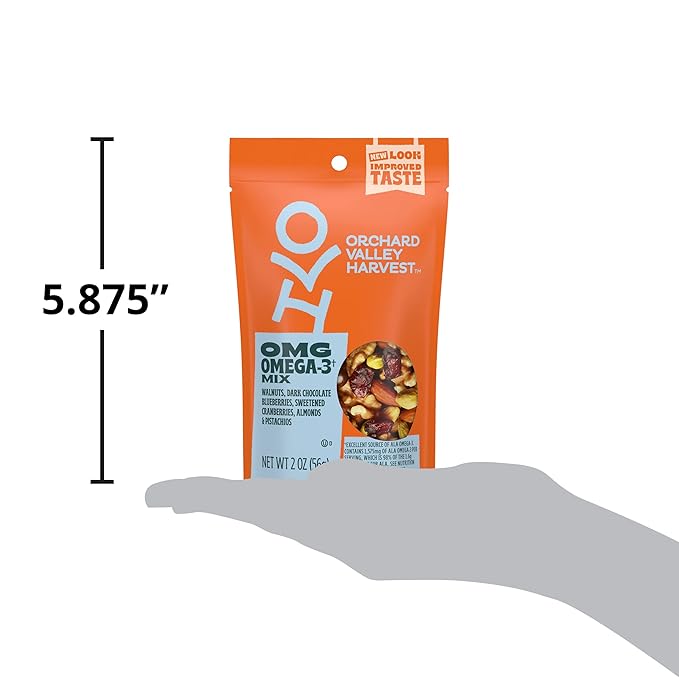 Orchard Valley Harvest OMG Omega-3 Mix, 14 pack (2 oz), Walnuts, Dark Chocolate Blueberries, Sweetened Cranberries, Almonds, And Pistachios, Gluten Free, Stand Up Bag, Non-GMO, Healthy Snacks for Adults