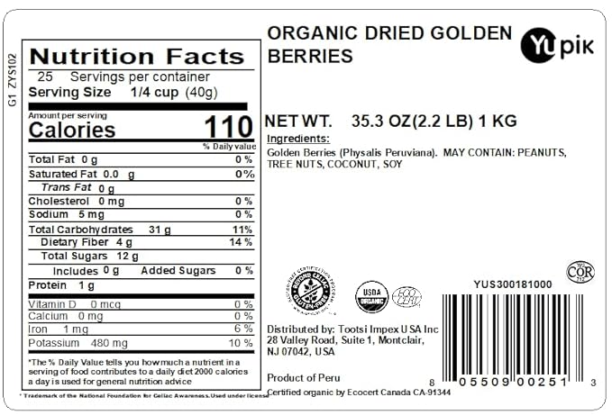 Yupik Organic Dried Golden Inca Berries, 2.2 lb (35.2 oz), Dried Fruit, Gluten-free, Vegan, Kosher, No Added Sugar, Oil-free, Healthy Snacks, Ideal for Baking & Topping