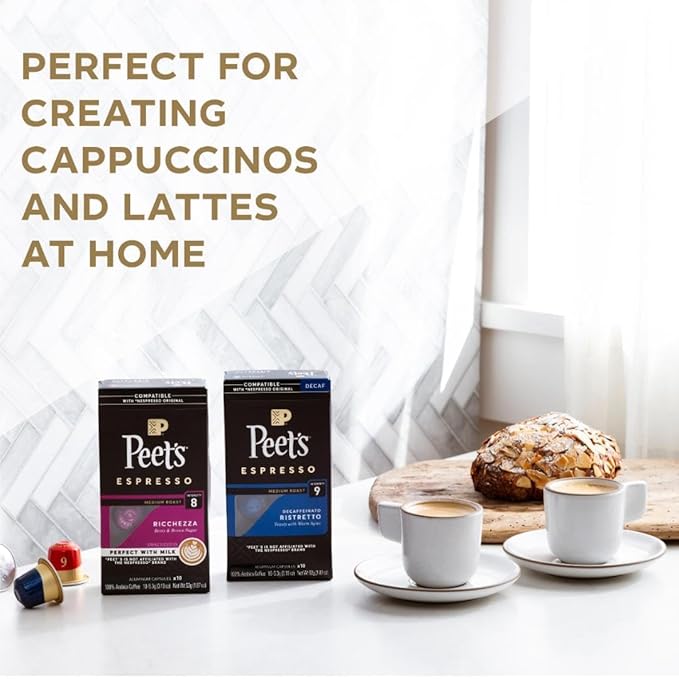Peet's Coffee, Medium Roast Decaf Espresso Capsules, Compatible with Nespresso Original Machine - Decaf Ristretto Intensity 10, 100 Count (10 Boxes of 10 Espresso Capsules)