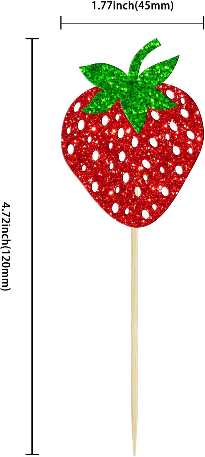 24 Pack Strawberry Cupcake Toppers Glitter Birthday Strawberry Cupcake Picks for Fruit Baby Shower Kids Birthday Summer Berry Cupcake Decorations Party Supplies Red