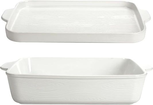 Temp-tations by Tara Baking Pans Set - 9x13" Set of 2 Woodland White Bakeware Sets with Casserole Dish for Oven and Serving Dish for Lasagna, Pies, Meatloaf, Hand-Painted Ceramic Casserole Oven Pan