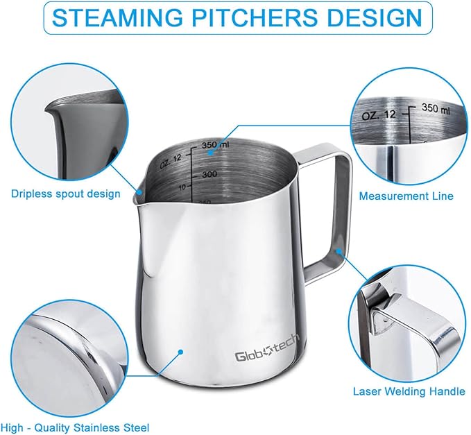 Stainless Steel Milk Frothing Pitcher 12 Oz, 350ml Latte Art Cup Espresso Machine Accessories, Steaming Jug for Cappuccino Coffee Milk Hot Chocolate Cups