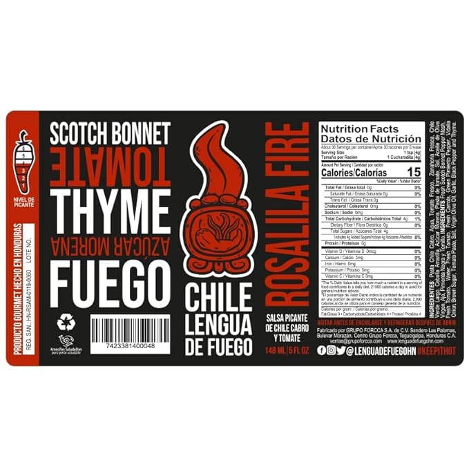 Hot Sauce | Chile Lengua de Fuego (Pack of 1, Rosalila Fire) – Medium Heat Red Sauce with Tomato, Thyme & Scotch Bonnet, Classic Honduran Style