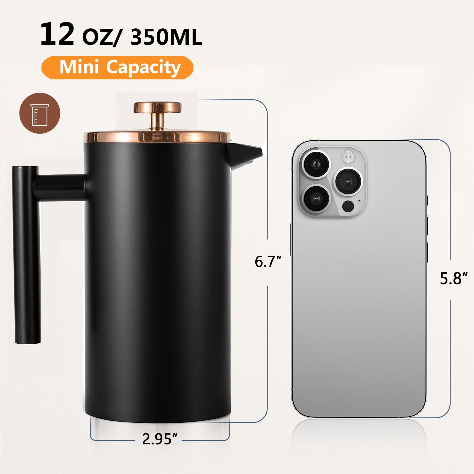 Meelio Small French Press Coffee Maker 350ml/12oz, Black Stainless Steel Double-Wall Insulated